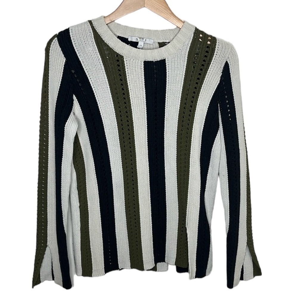 10 Crosby Derek Lam Pointelle Vertical Green Stripe Sweater Womens Size M